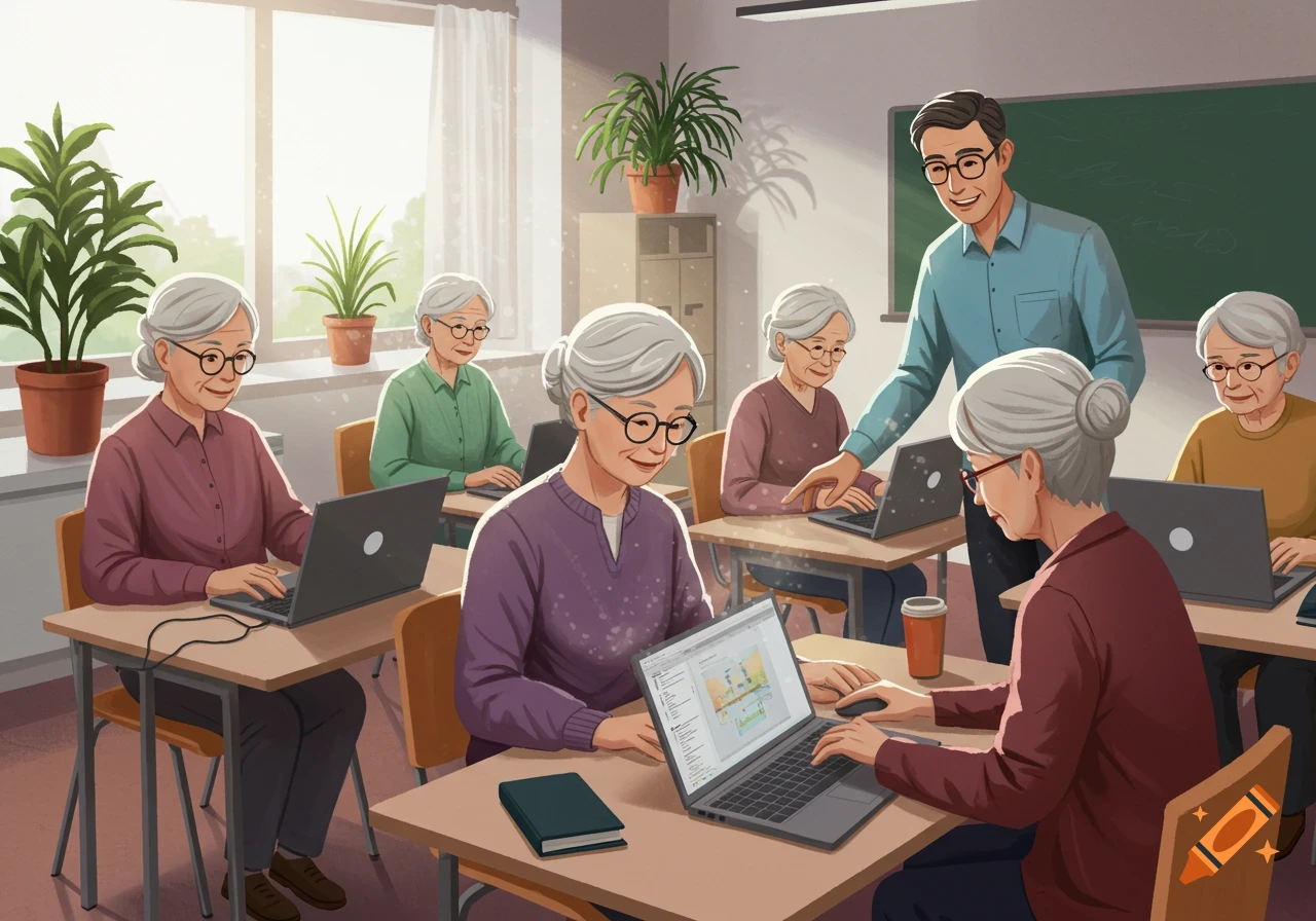 An illustration of senior women in a brightly lit classroom learning computers, with a male instructor assisting them.