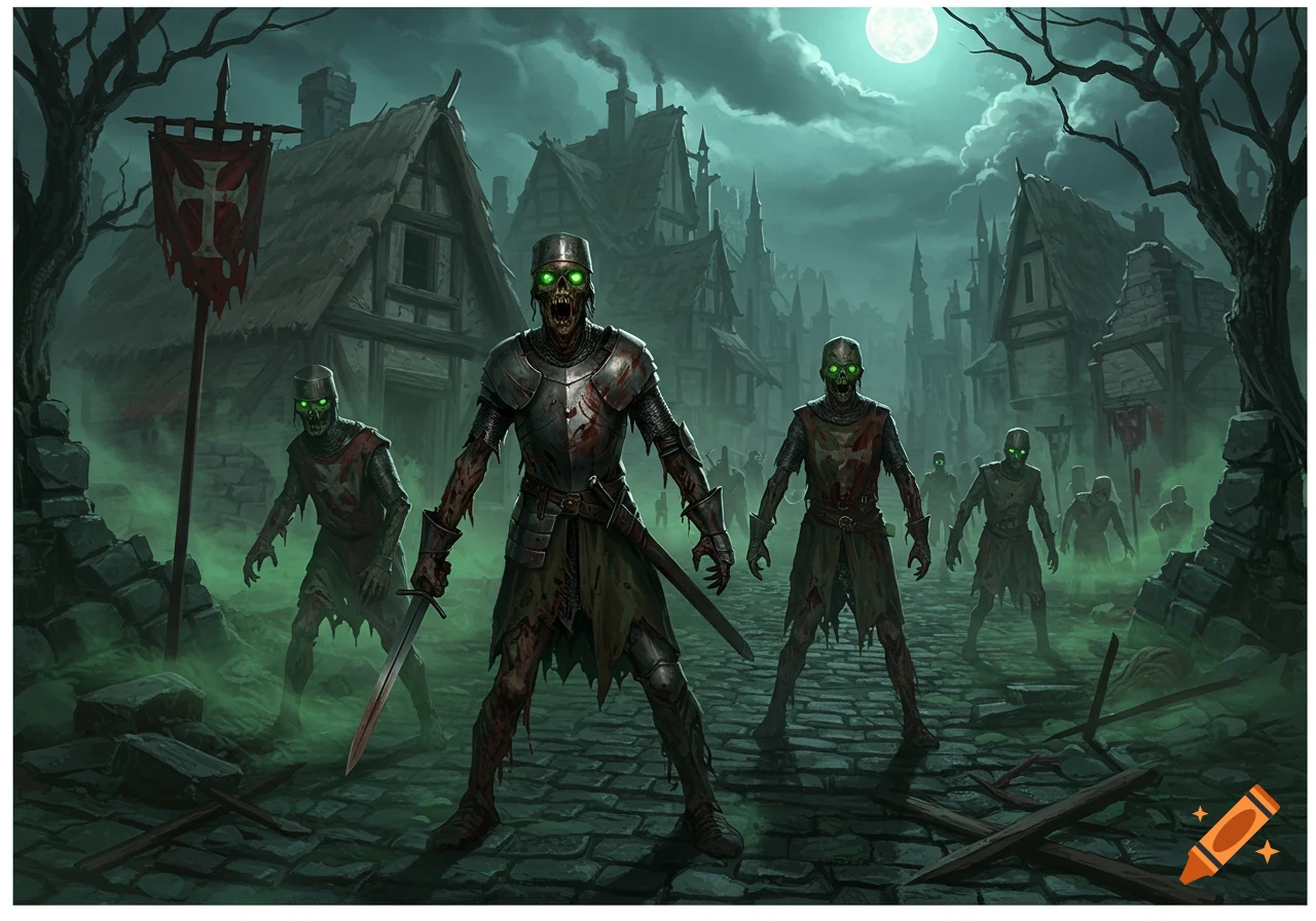 A group of medieval knight zombies with glowing green eyes emerge from a misty, rundown village under a full moon.