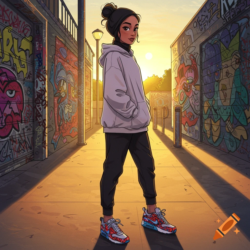 Cartoon girl in a hoodie and joggers standing in a graffiti-covered alley at sunset.