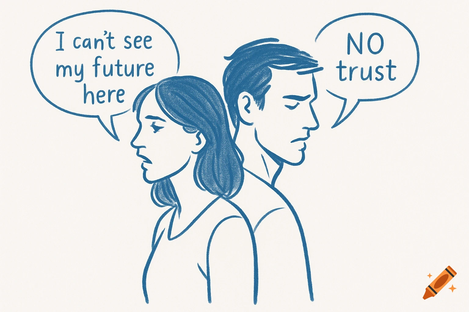 A minimalist blue sketch shows a man and woman back to back. The woman's thought bubble says "I can't see my future here", and the man's says "NO trust".