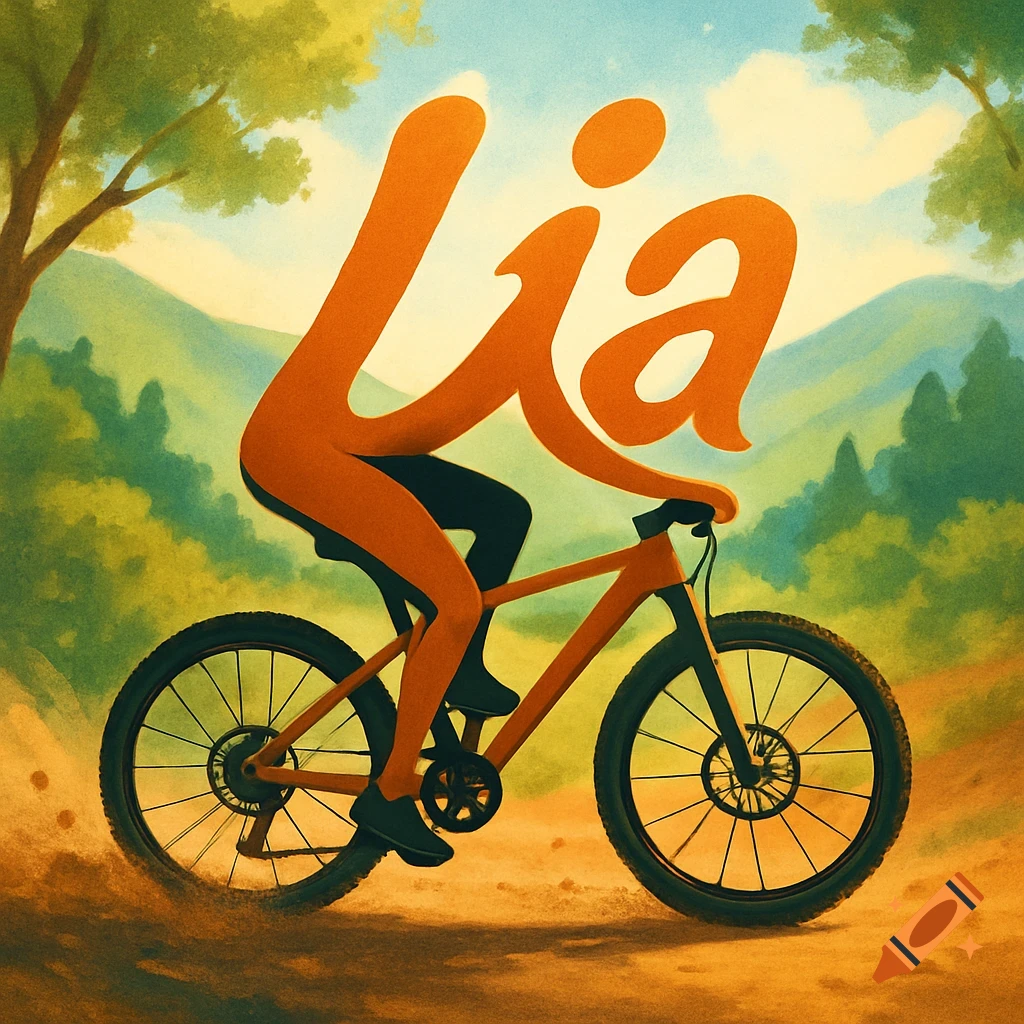 The orange stylized text spelling "Lia" rides a mountain bike on a dirt path through a vibrant green landscape with mountains under a blue sky, in an illustrative style.