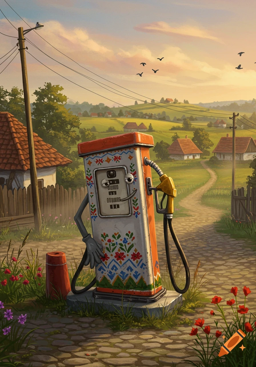 A sentient, anthropomorphic fuel pump with hands and eyes, adorned with colorful folk patterns, stands on a cobblestone path in a rural Romanian landscape at sunset, with traditional houses and green hills.