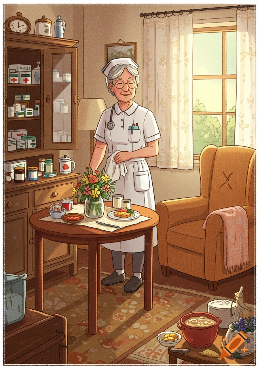 A kind, elderly nurse in a white uniform stands in a cozy room, setting a table with a meal and flowers, near a cabinet with medicines and a sunlit window. The style is illustrated.