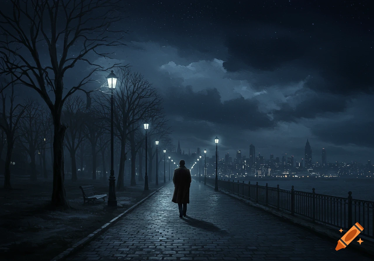 A lonely man walks away down a lamplit cobblestone path at night, with bare trees on the left and a glowing city skyline across water on the right.