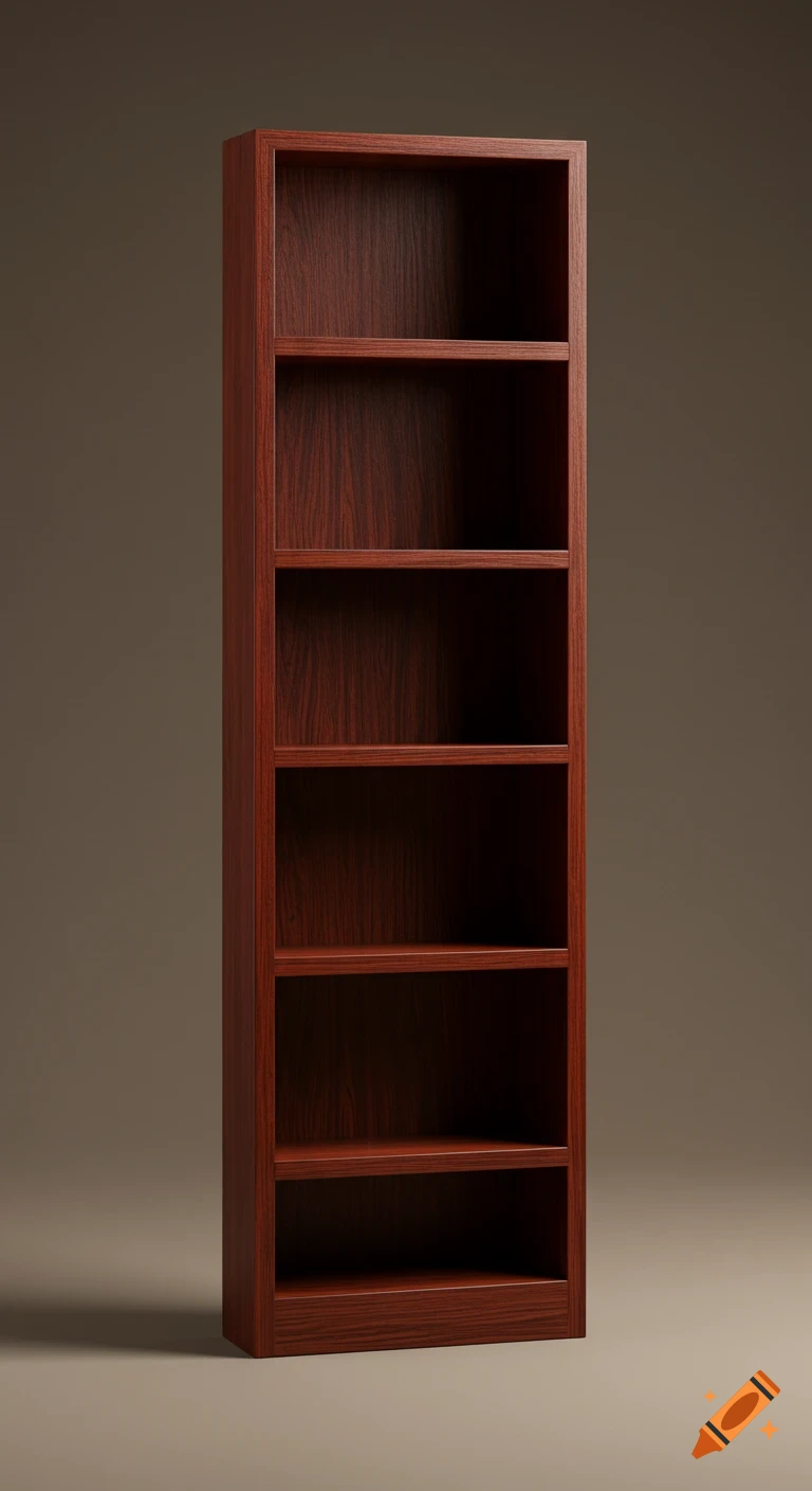 An empty, dark reddish-brown wooden bookshelf with five shelves, standing vertically against a plain dark background.