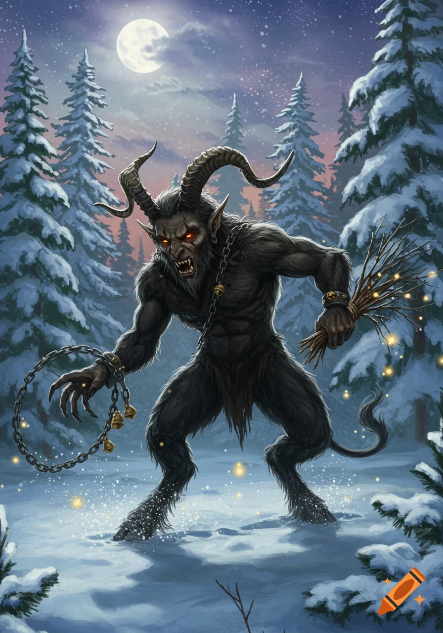 A menacing, horned Krampus with glowing eyes and fangs, bound in chains and holding birch branches, stands in a moonlit snowy forest.