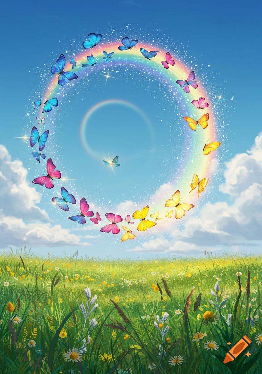 A vibrant meadow with a large circular rainbow of sparkling light and colorful butterflies flying around it under a blue sky.