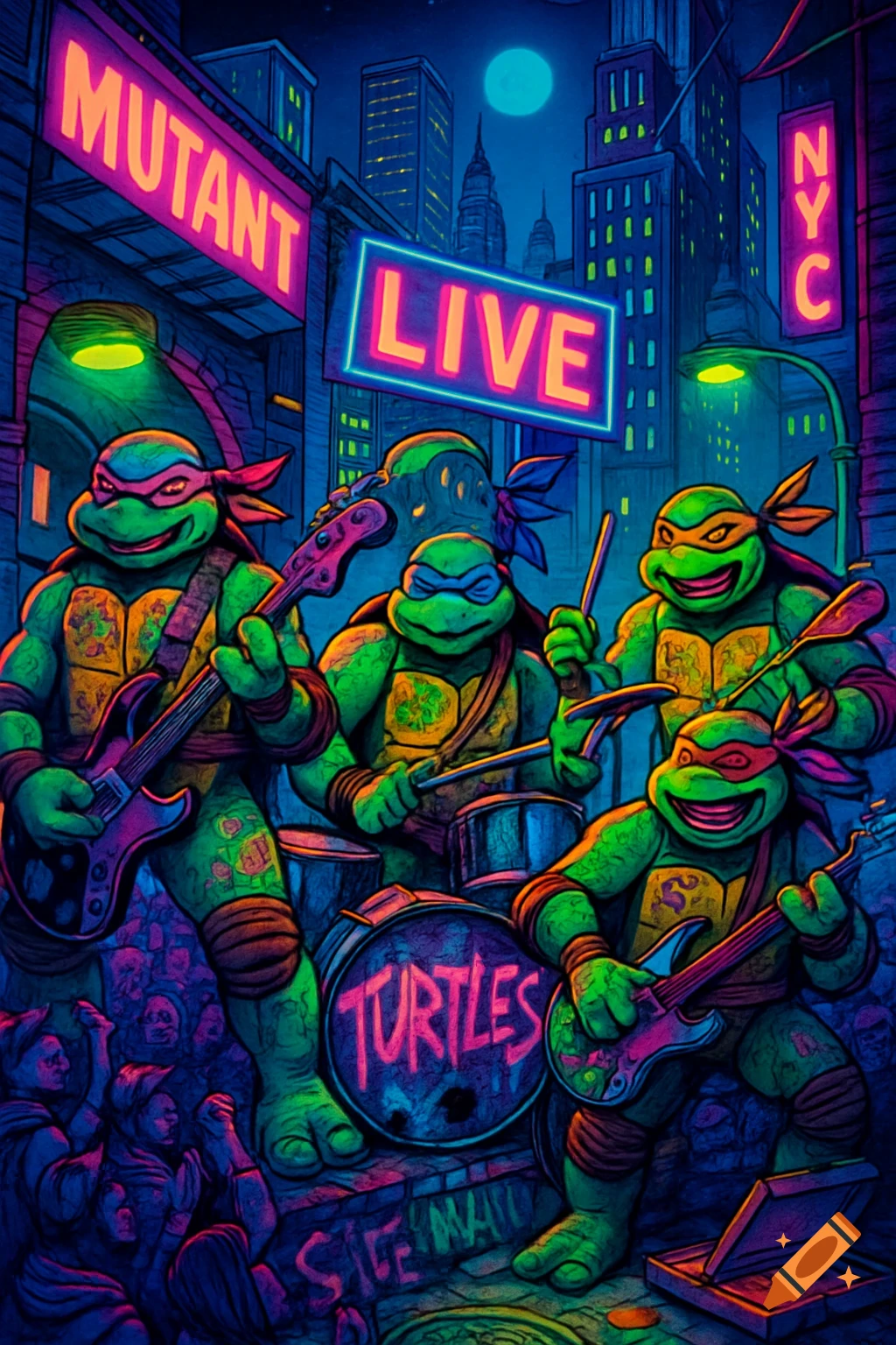 The Teenage Mutant Ninja Turtles band plays a vibrant neon-lit street gig at night, with a crowd watching.