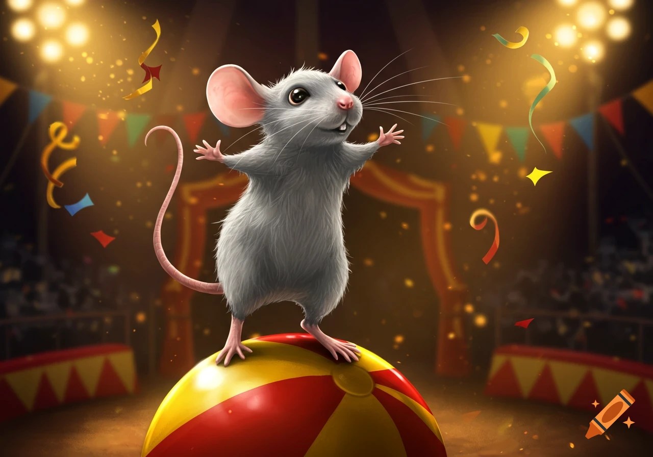 A happy gray cartoon mouse stands on a red and yellow circus ball with arms outstretched, under spotlights and falling confetti.