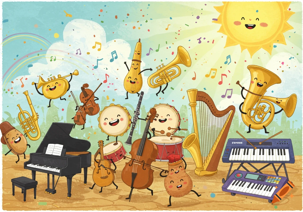 A cheerful cartoon parade of smiling musical instruments with confetti, musical notes, a bright sun, and a rainbow.