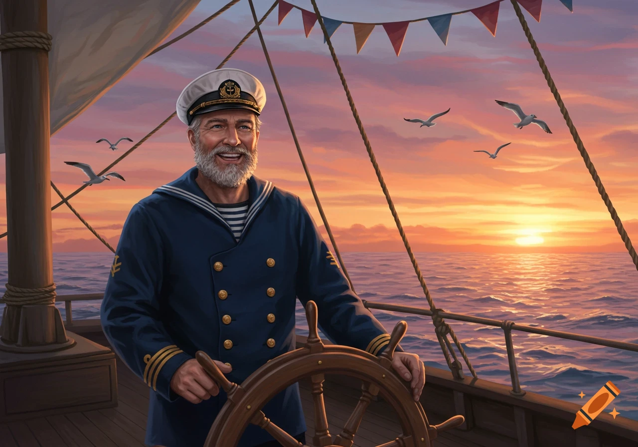 A smiling, bearded captain in a navy uniform steers a boat at sunset, with seagulls flying above the ocean.