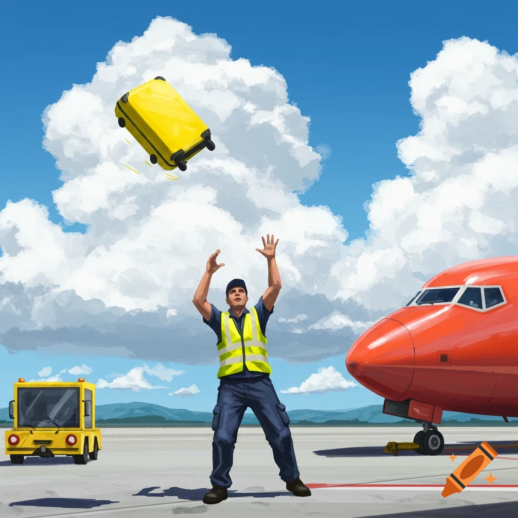 An airport worker in a high-visibility vest reaches up as a yellow suitcase floats in the air above him, with a red airplane and a ground support vehicle nearby under a blue sky with white clouds.