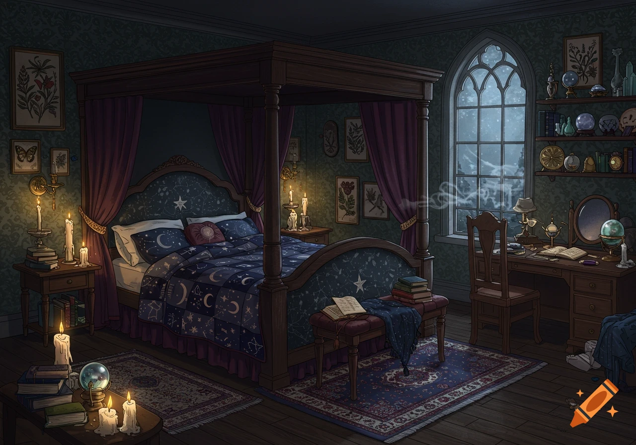 Cozy whimsigoth bedroom with a canopy bed, celestial bedding, lit candles, a gothic window, and a study desk. Illustrated.
