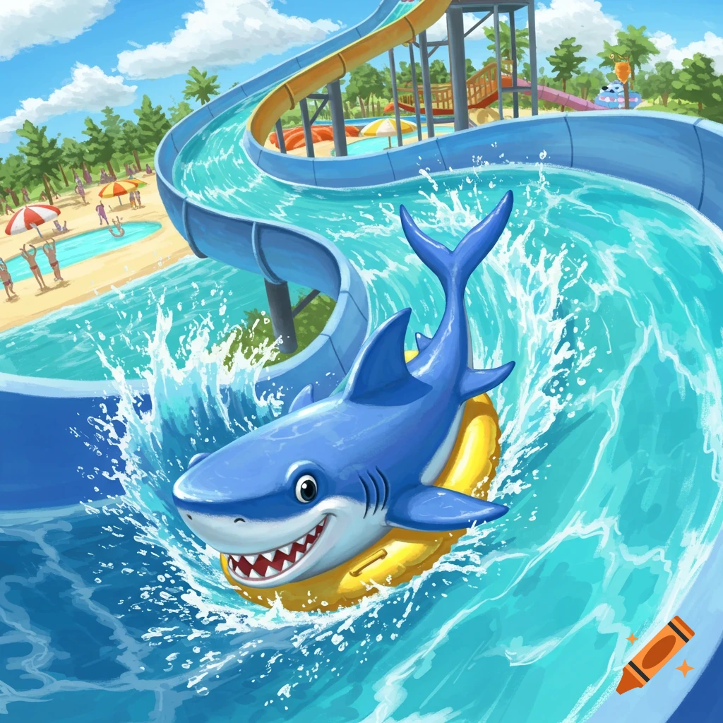 Friendly cartoon blue shark on a yellow inner tube splashing down a blue waterslide at a sunny waterpark.