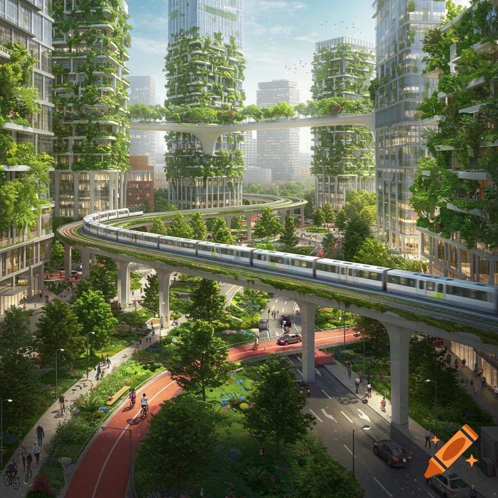 A vibrant, green futuristic city with lush skyscrapers, elevated trains, and ground-level paths for walking and biking.
