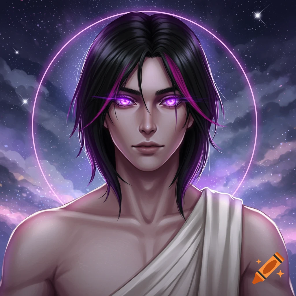 A digital art portrait of a young male god with black hair and purple ...