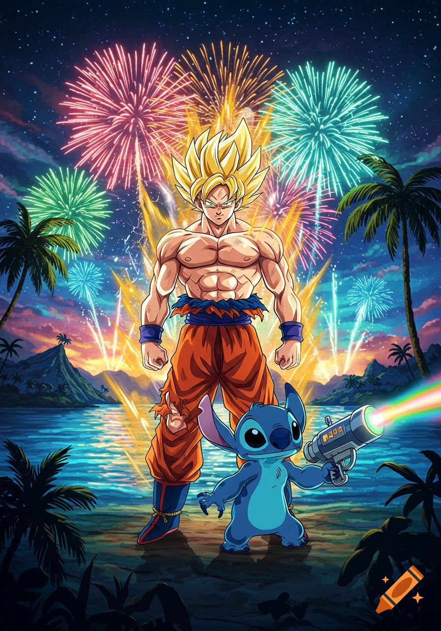 Goku and Stitch stand on a tropical beach at night with colorful fireworks exploding above. Stitch holds a laser gun.