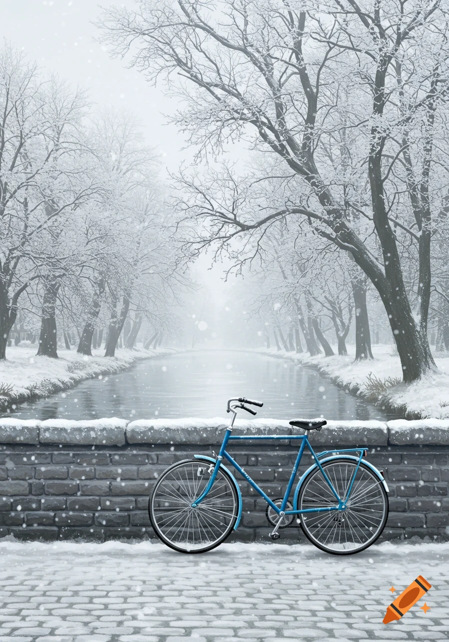 A blue bicycle on a snow-covered brick bridge, overlooking a canal and bare trees in a misty winter landscape.