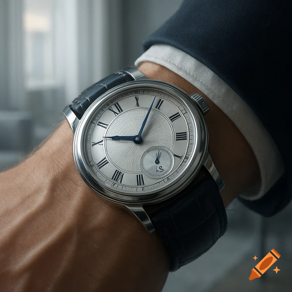 Close-up of a wrist wearing a silver wristwatch with a blue leather strap and Roman numerals, displaying 12:10.