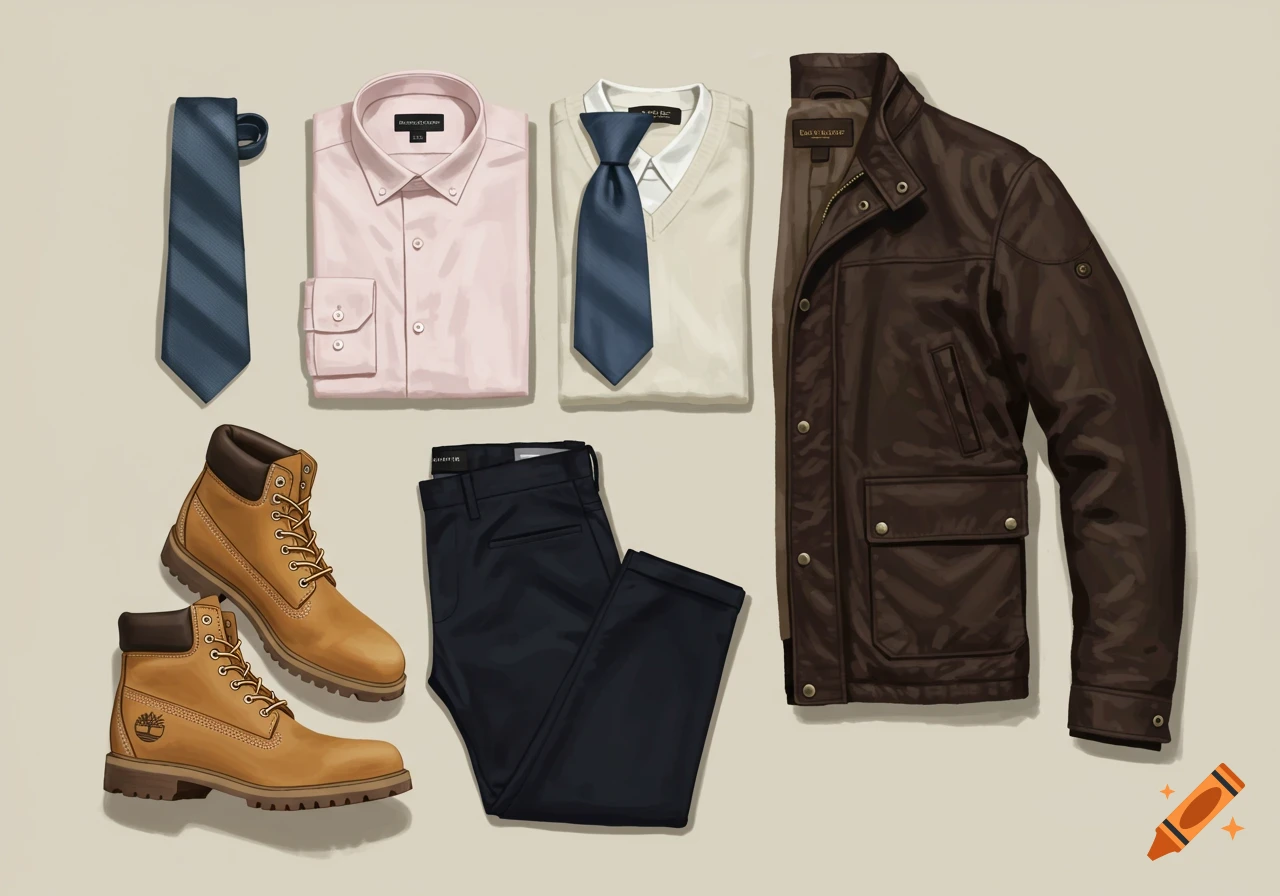 A stylish men's smart-casual outfit laid flat, including a brown leather jacket, pink shirt, blue tie, cream sweater, navy chinos, and tan boots.