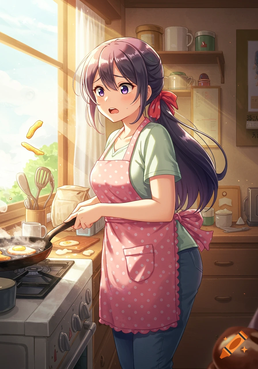 An anime girl with purple hair and a pink polka dot apron looks surprised while cooking fried eggs in a sunny kitchen.