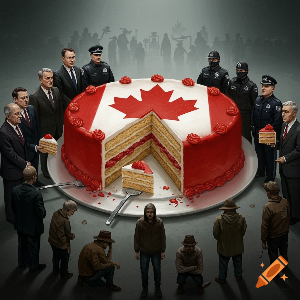 Symbolic illustration of a Canadian flag cake being divided by officials, as poor citizens watch hungrily from the shadows.