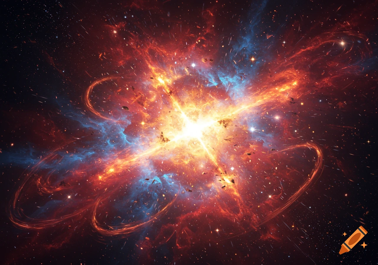 A vibrant cosmic explosion with a bright core, surrounded by swirling red and blue nebulae and scattered stars in deep space.