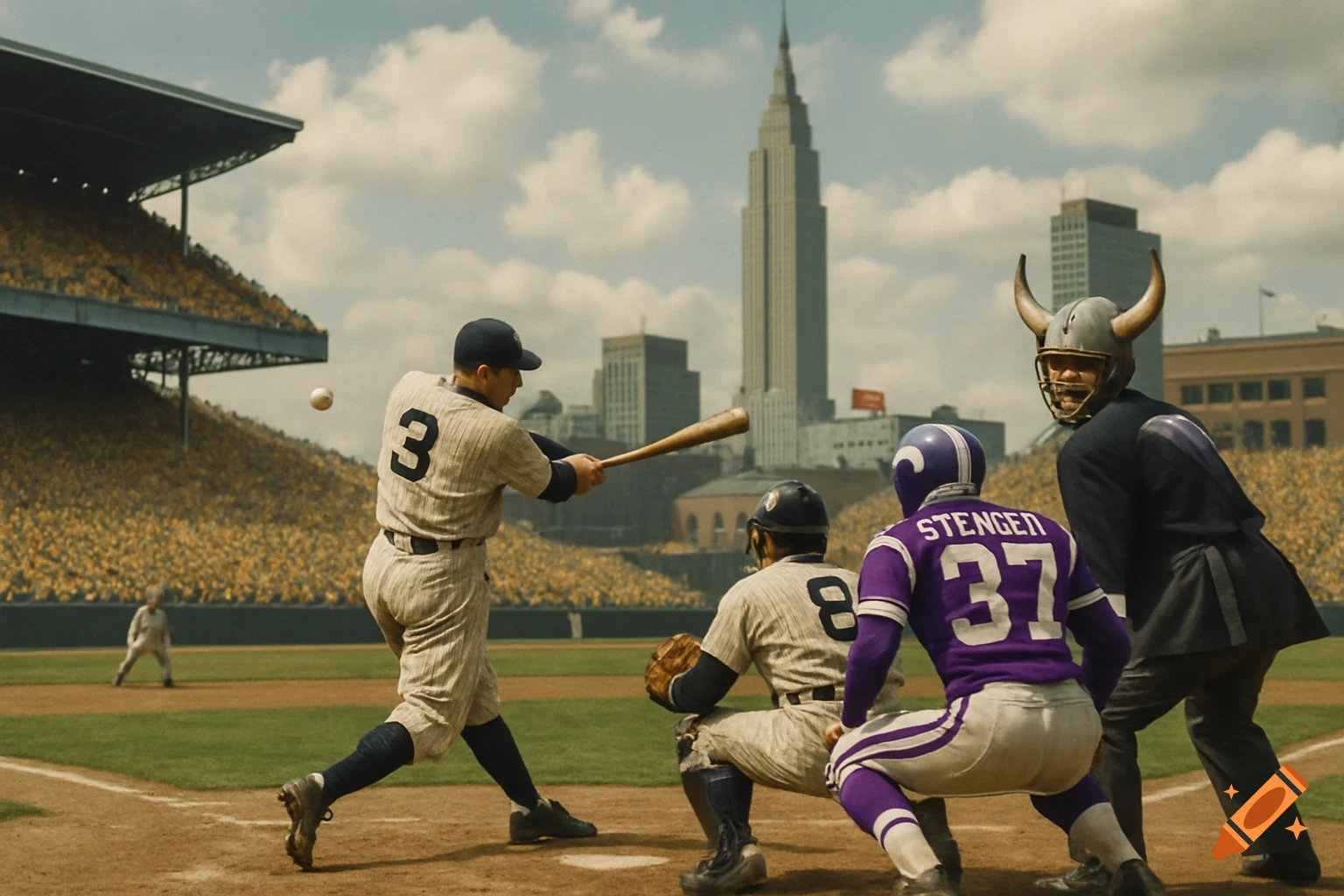 A surreal, vintage-style baseball game with a batter, catcher, football player, and a Viking helmet-wearing umpire, against a city skyline.