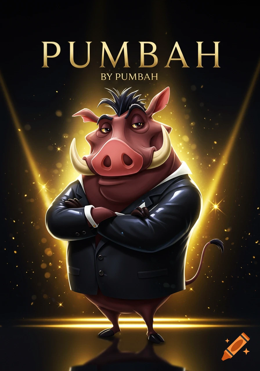 Stylish illustrated poster of Pumbaa the warthog in a black suit, arms crossed, with golden lights and sparkles on a dark background. Text reads 'PUMBAH BY PUMBAH'.