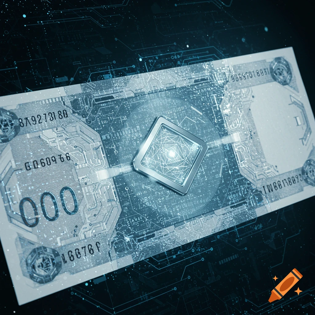 A glowing silver microchip embedded in a futuristic, circuit board-patterned banknote against a dark background with blue digital lines.