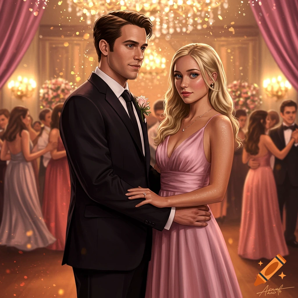 An illustration of a man in a black tuxedo and a woman in a pink dress embracing at a glittering ballroom event, with other couples dancing in the background.