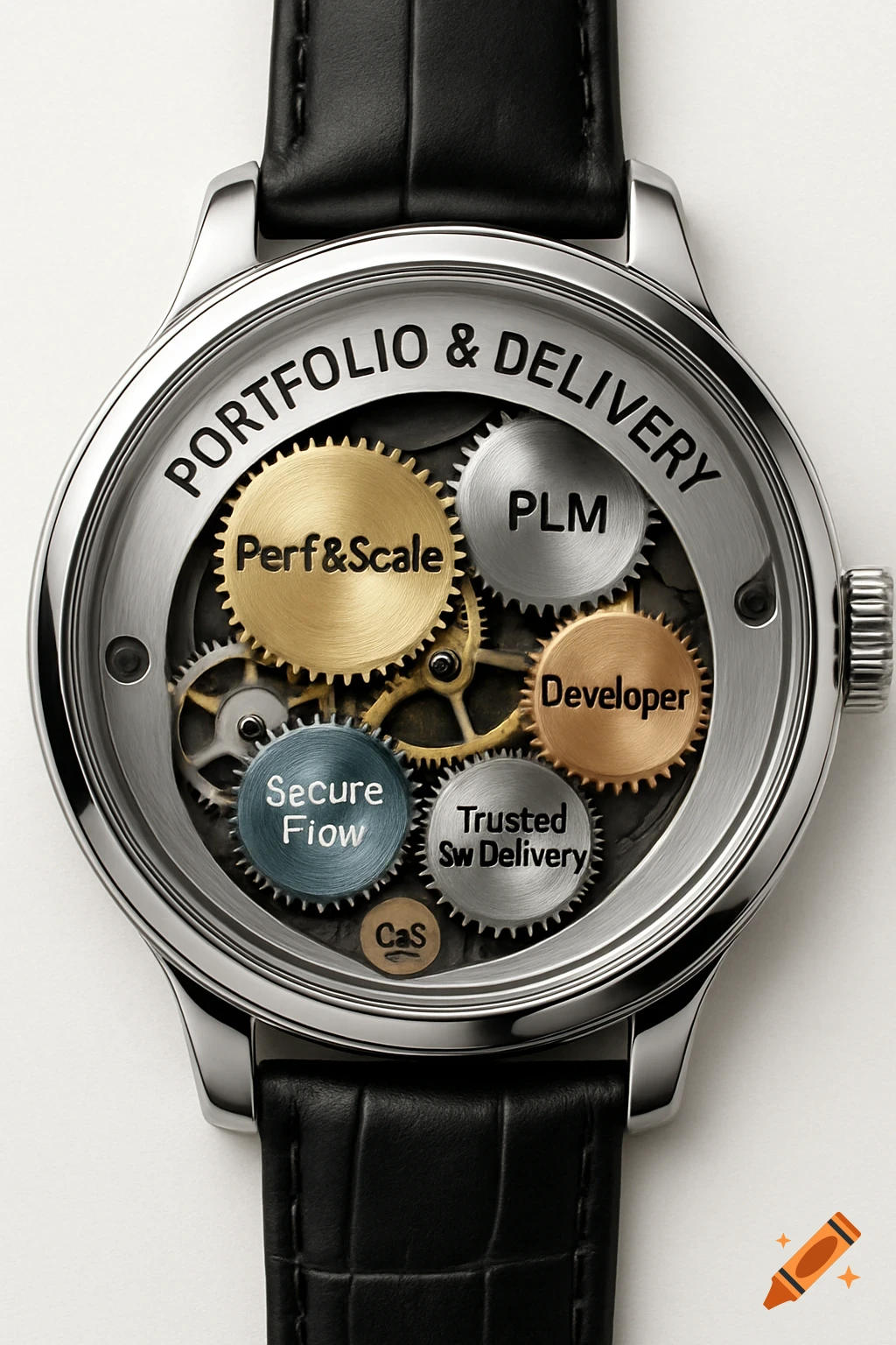 Overhead view of a luxury mechanical watch. The watch face shows interconnected gears labeled with business terms like "Perf&Scale," "PLM," "Developer," and "Trusted SW Delivery." The top of the watch face reads "PORTFOLIO & DELIVERY."