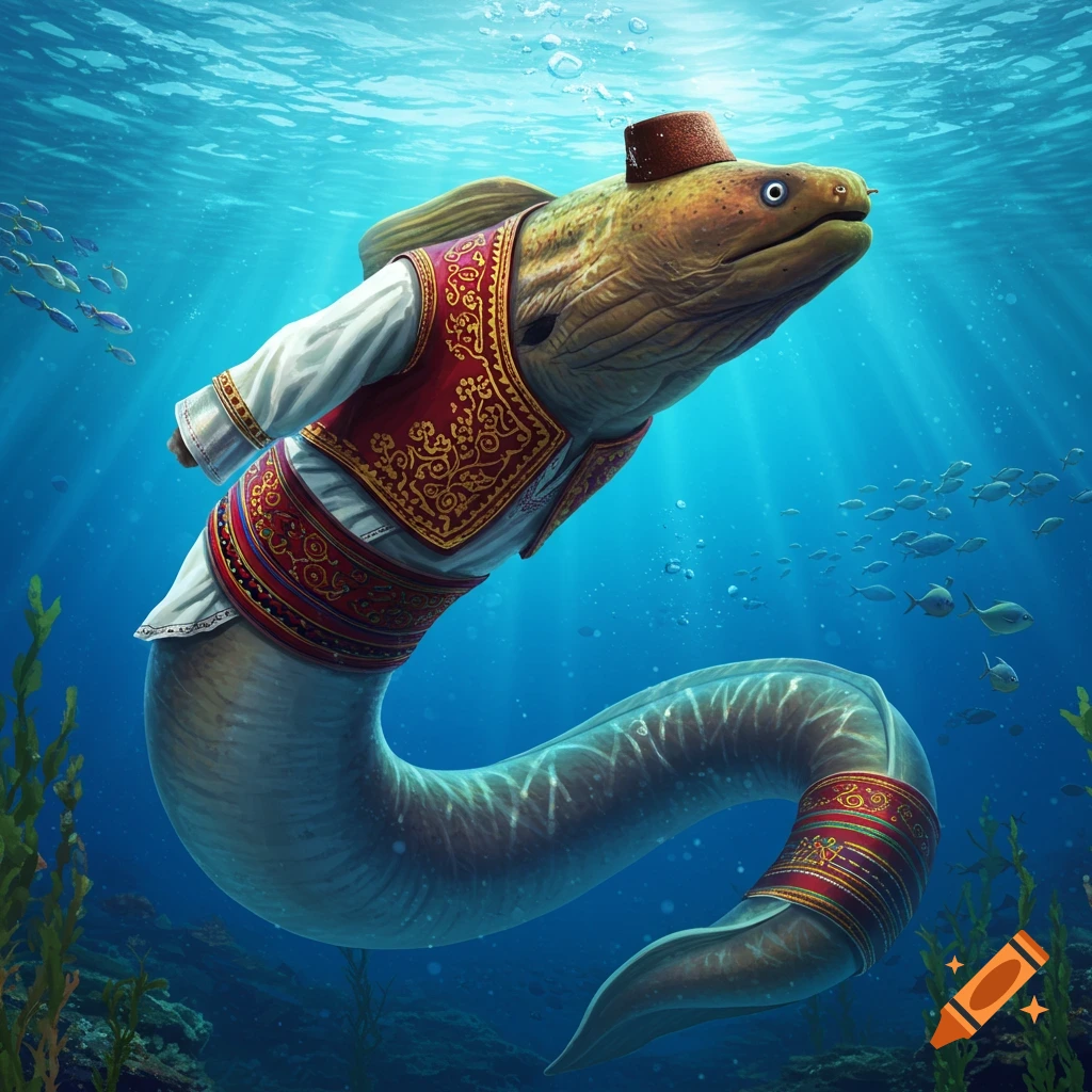 An eel wearing a red and gold traditional vest, white shirt, and brown fez swims underwater among small fish and sea plants.