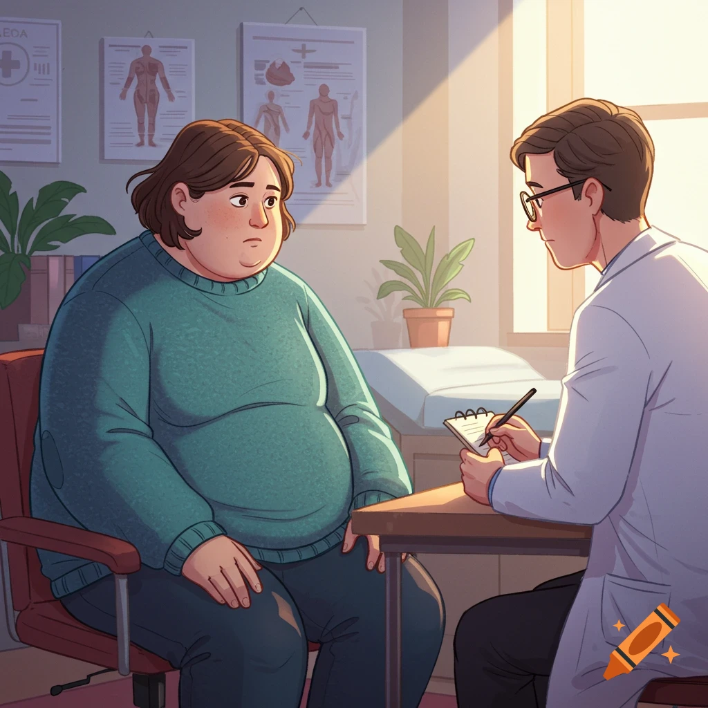 Animated illustration of an overweight person sitting in a doctor's office across from a doctor taking notes.