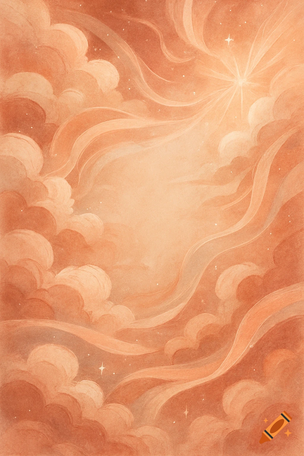 Dreamlike abstract sky with soft, flowing blush and terracotta clouds, light rays, and subtle sparkles.