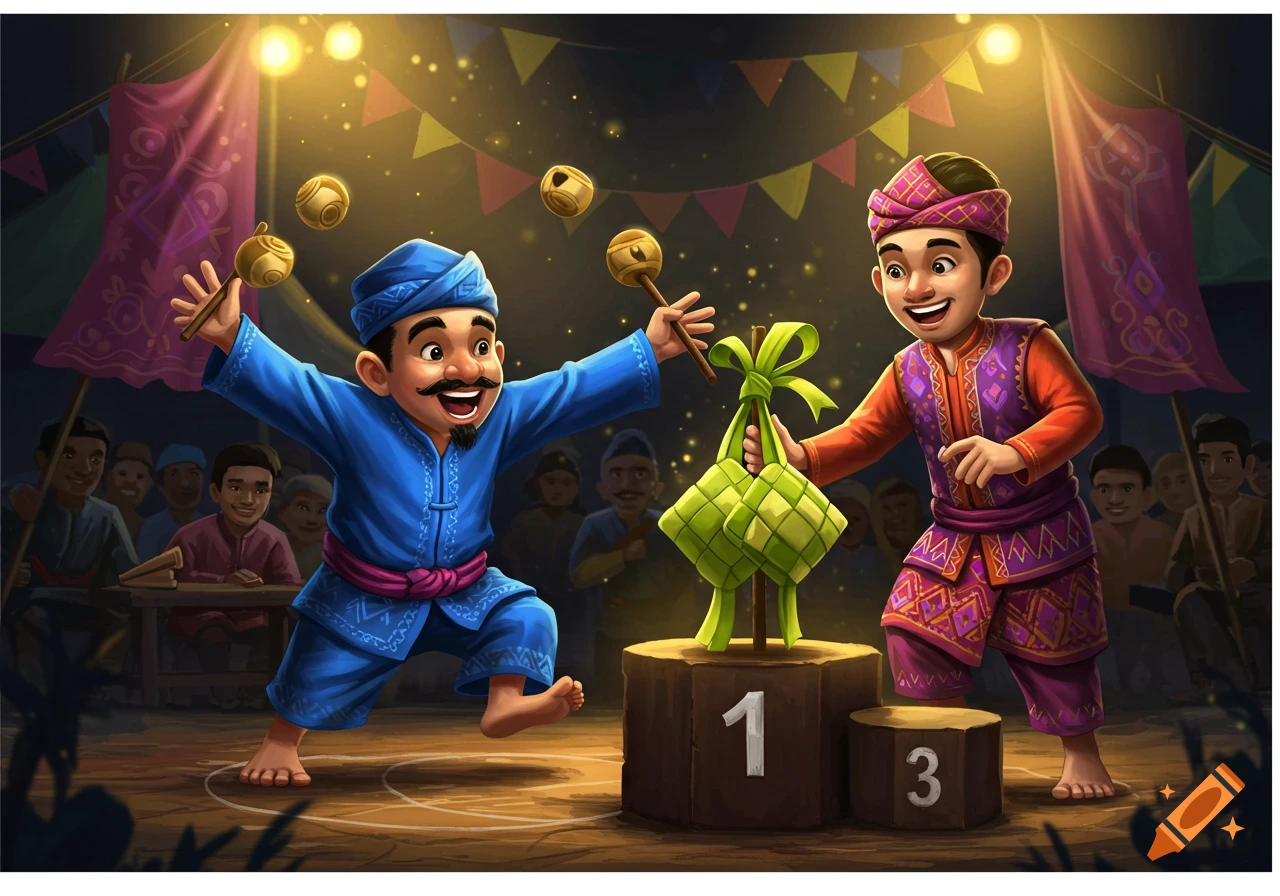 Two cartoon men in traditional attire at a festive event, one dancing with maracas, the other holding ketupat next to a podium.