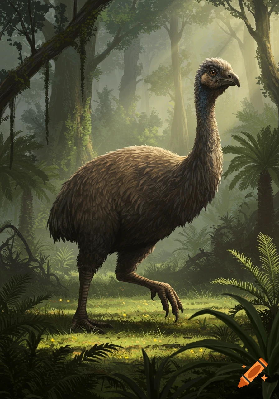 A large, brown, flightless moa bird with a long neck stands in a lush, sun-dappled forest.
