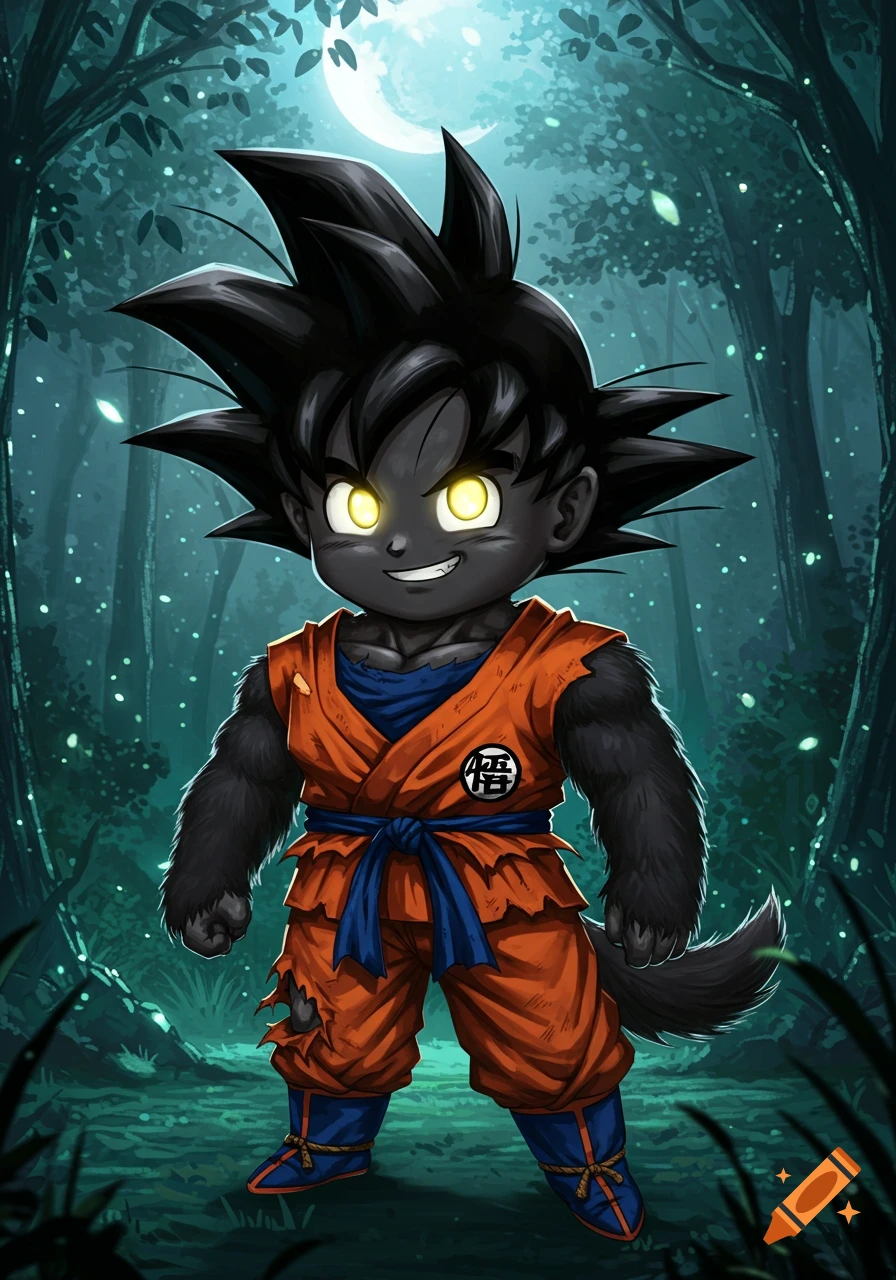 Anime illustration of Goku as a black werewolf with glowing golden eyes, spiky hair, a friendly smile, and a torn orange and blue gi in a moonlit forest.
