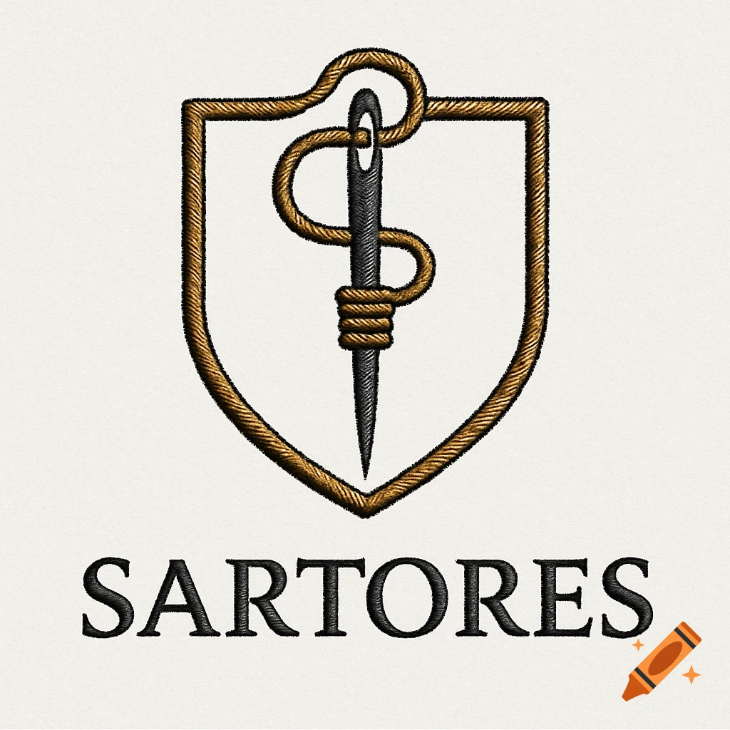 Embroidered logo emblem featuring a brown thread shield border wrapped around a black needle/dagger, with 'SARTORES' text below.