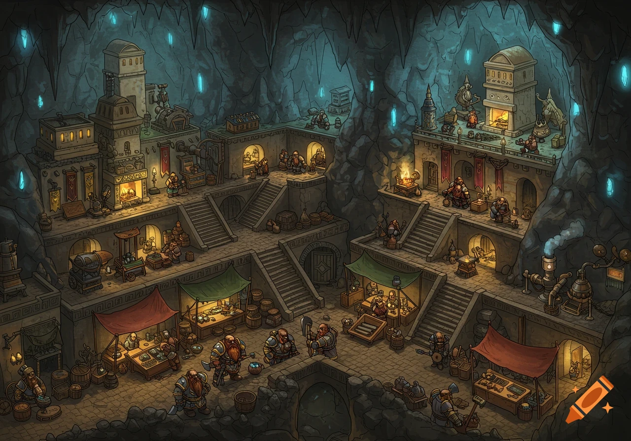 An isometric illustration of a bustling dwarven city built within a dimly lit cave, featuring multiple levels, market stalls, buildings, and numerous working dwarves.