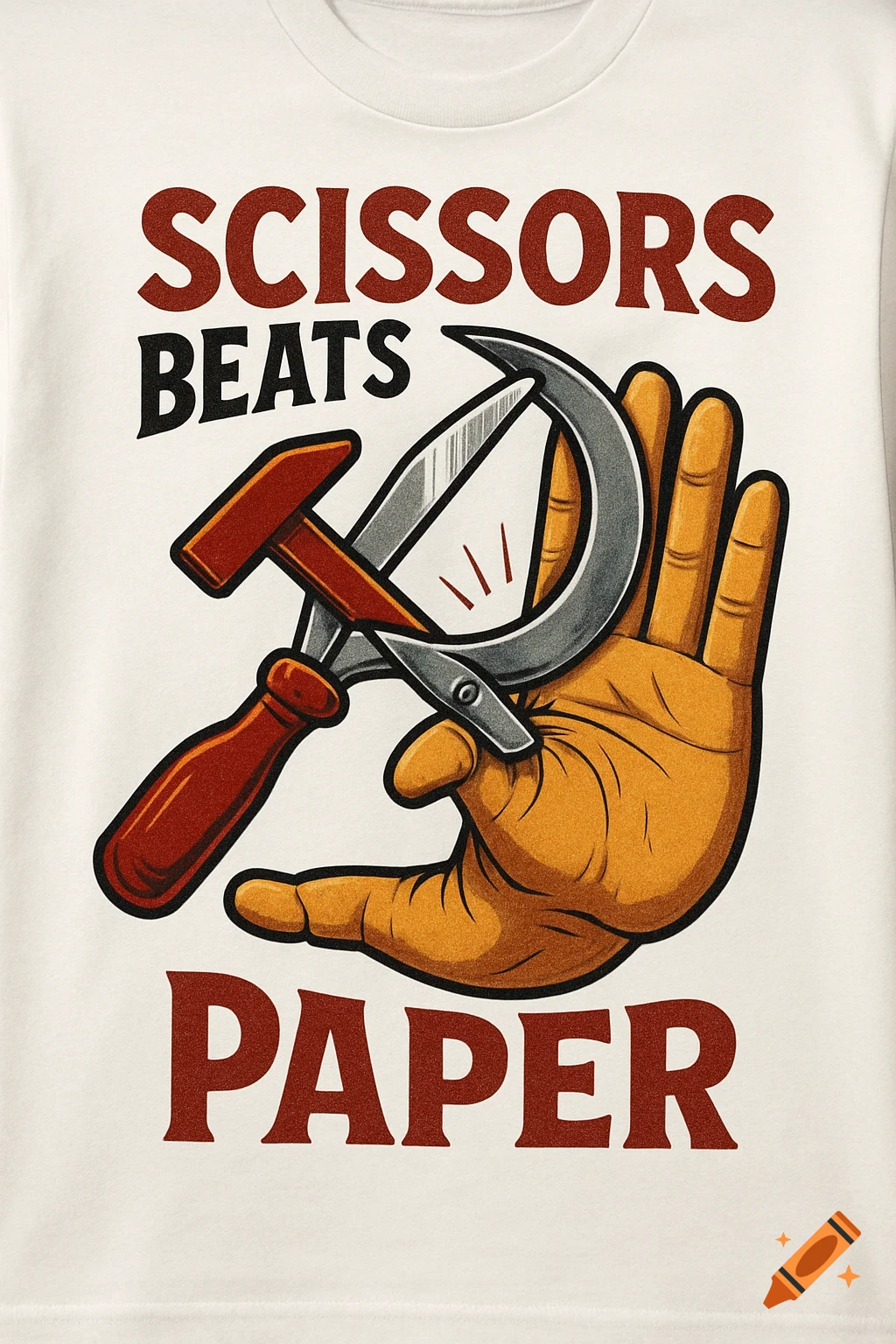 A political cartoon on a white t-shirt depicting an open hand with a hammer and sickle symbol. Text reads 'SCISSORS BEATS PAPER'.