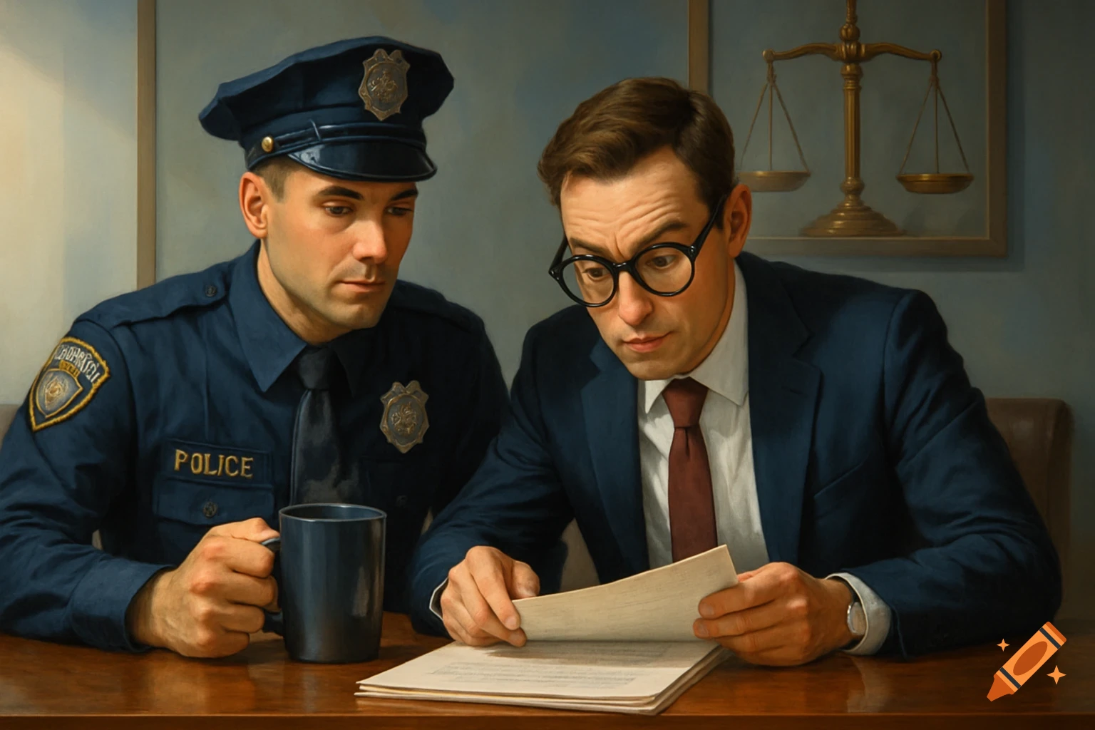 A police officer and a man in a suit reviewing documents at a table. A scale of justice hangs in the background.