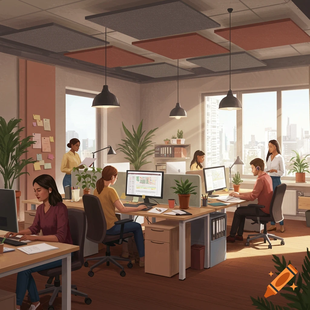 A bright, modern office with several people working at desks, surrounded by plants and large windows overlooking a city skyline.