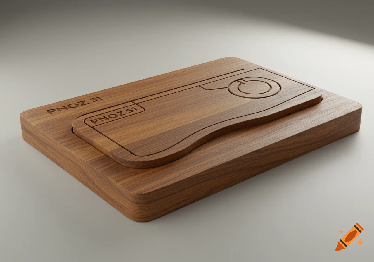 A photorealistic image of a wooden board carved to resemble a PNOZ S1 device, with the text 'PNOZ S1' engraved.