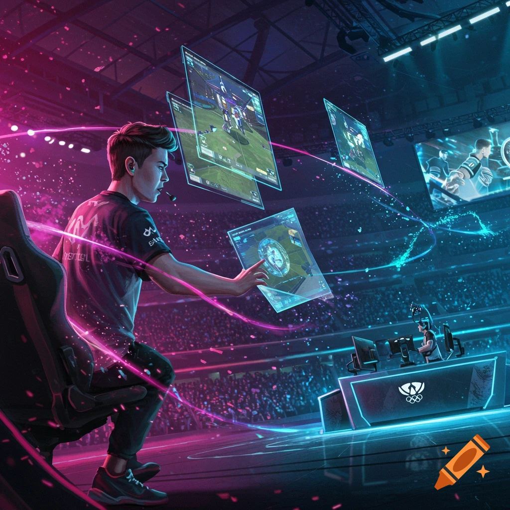 Young male esports player interacting with glowing holographic screens displaying gameplay in a neon-lit stadium.