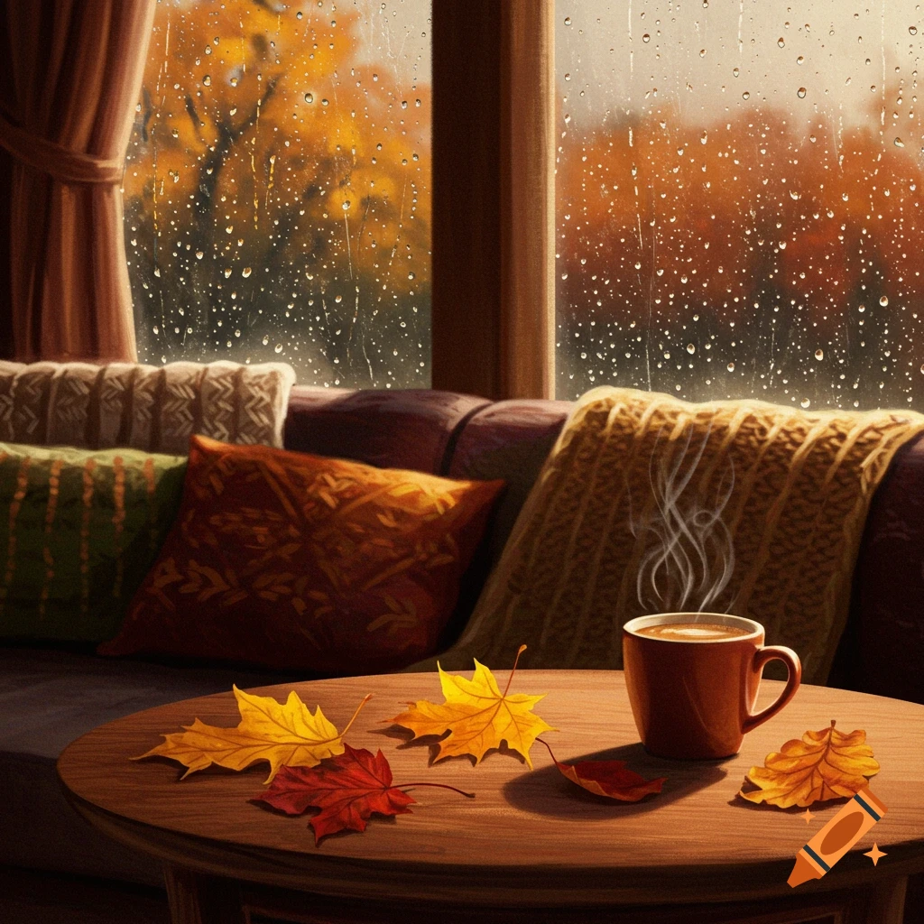 A cozy indoor scene with a steaming coffee mug and fall leaves on a wooden table next to a rainy window overlooking autumn trees.