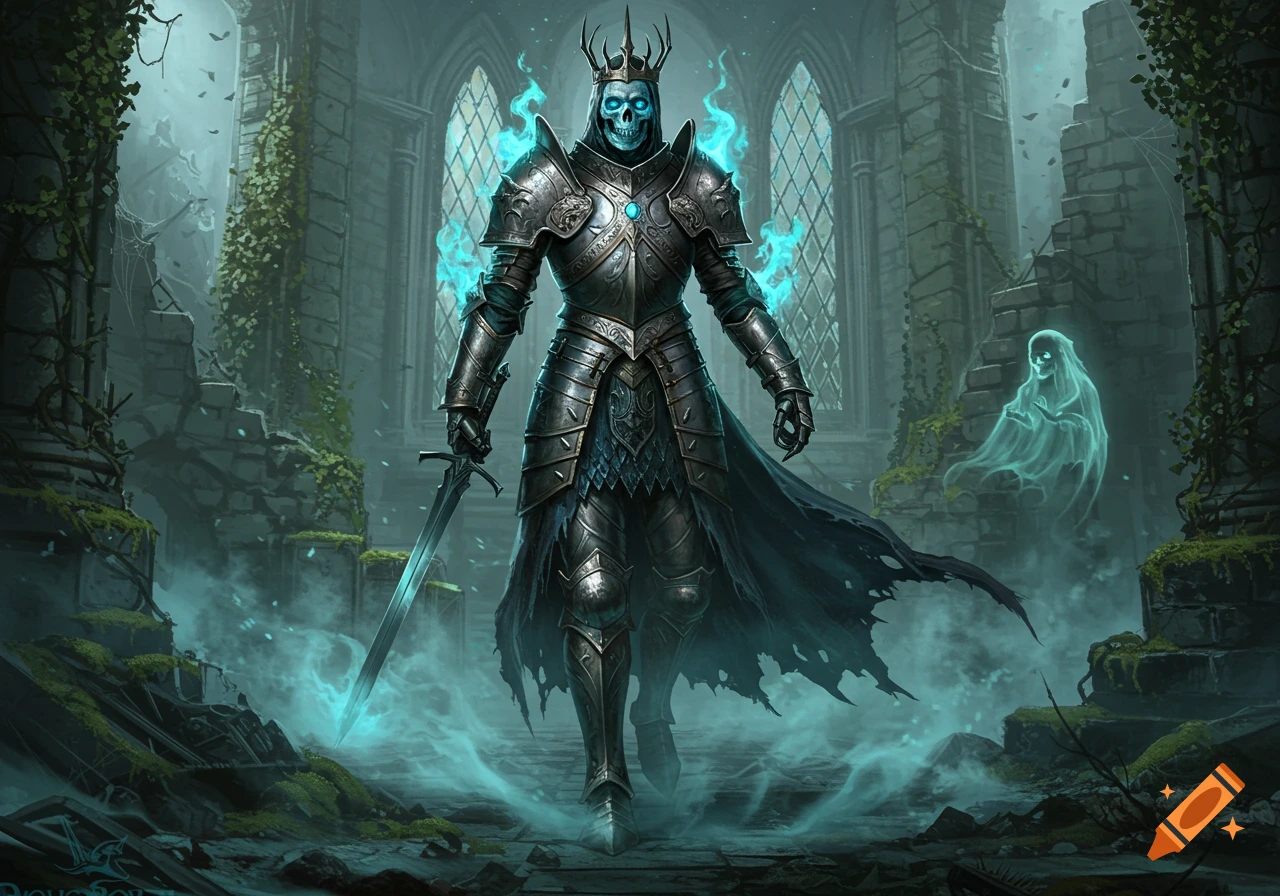 A blue-flamed skeleton knight in ornate armor holds a glowing sword, standing in a ruined gothic castle amidst ethereal mist.