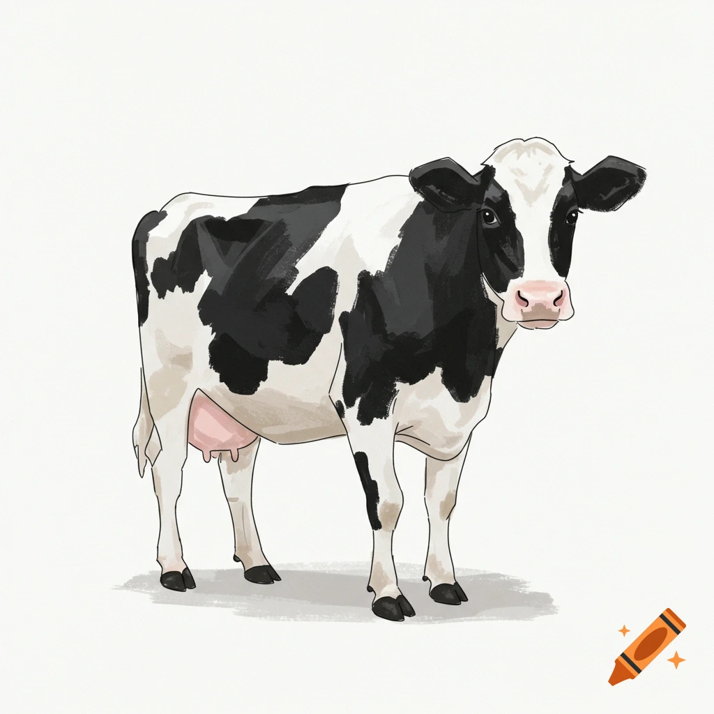 A simple, stylized illustration of a black and white Holstein cow with udders on a white background.