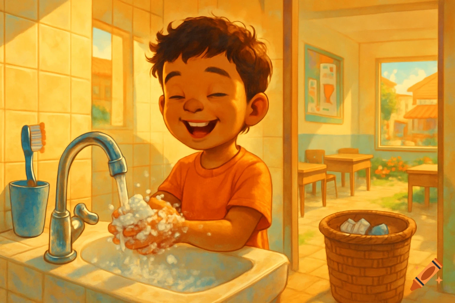 Happy cartoon boy washing hands with soap in a bright bathroom, a classroom visible through a doorway.