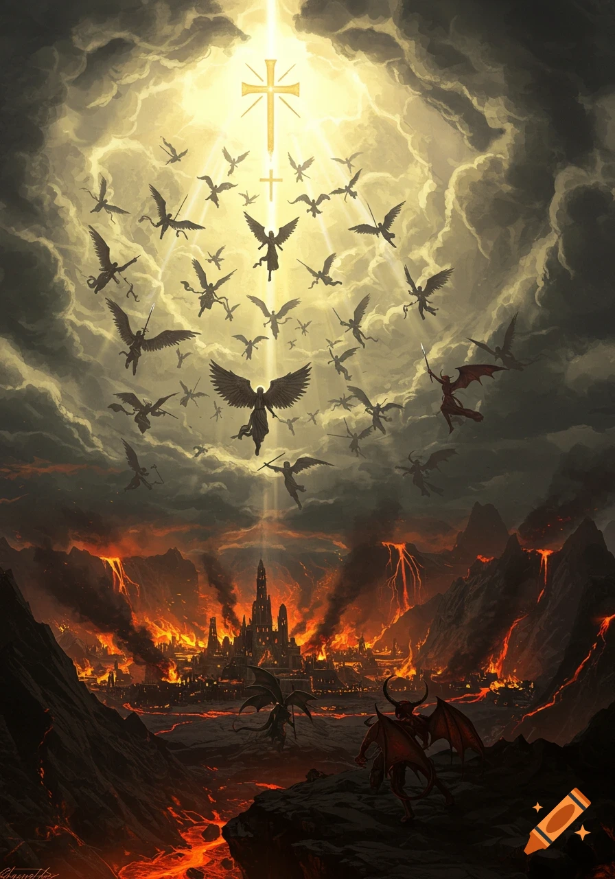 Detailed fantasy art: angels descend from a divine, light-filled sky to battle demons over a burning city with fiery mountains.